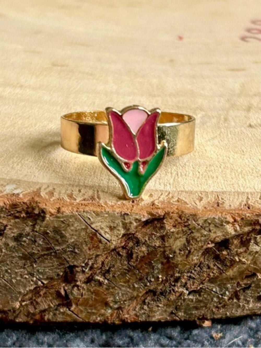 Dainty Floral Tulip Unique Pink Floral Spring Women's Adjustable Ring